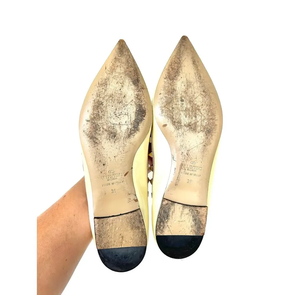 Valentino Garavani Rockstud Ballet Flats Cream Ivory Patent Leather 39 Yellow 9